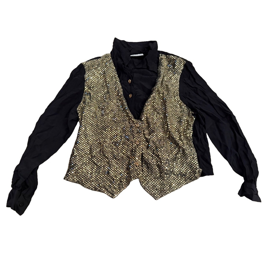 Vintage 80s Joanna Gold Sequin Vest Disco Party Top Made USA Jackson MJ
